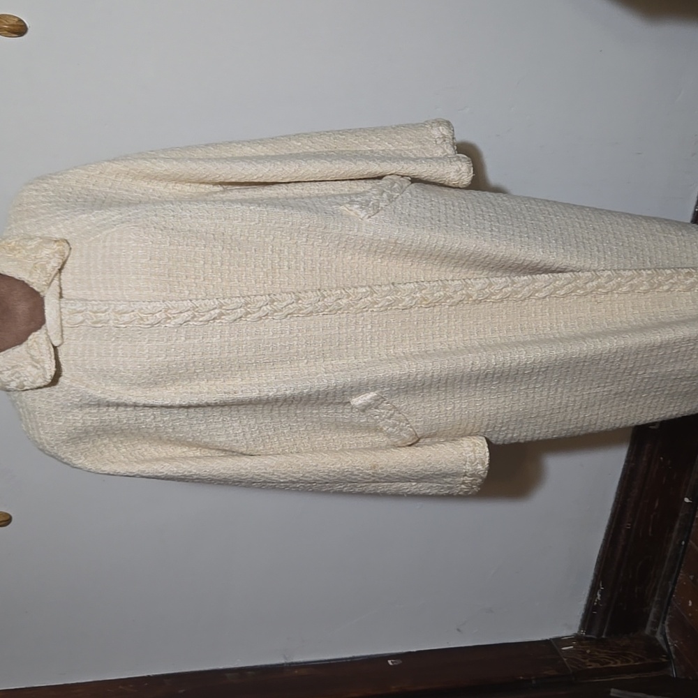 C28 Vintage Cream Textured Long Swing Coat Size Lg